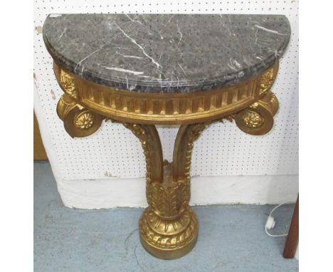 DEMI LUNE CONSOLE TABLE, with marble top on an ornate gilded base, 66cm x 33cm x 88cm H.
