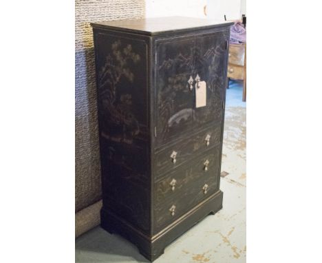 COCKTAIL CABINET, vintage early 18th century style Chinoiserie and black lacquer with two doors enclosing mirror and shelf ab