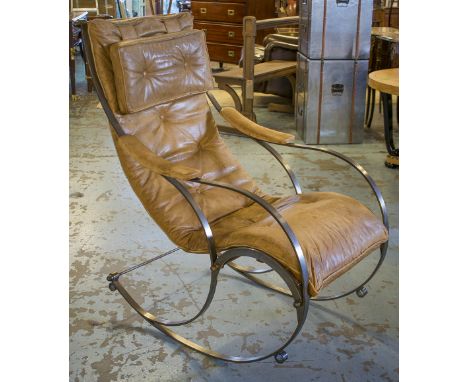 ROCKING CHAIR, 20th century steel framed after R. W. Winfield with tan leather padded seat, 61cm W.