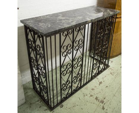 CONSOLE TABLE, vintage rectangular with granite top on scrolling wrought iron support, 137cm x 50cm x 106cm H.
