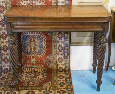 CARD TABLE, Regency rosewood and ebony in the manner of Gillows of Lancaster, foldover baize lined, carved and spiral reeded 