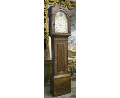 LONGCASE CLOCK, late George III mahogany and inlaid with enamelled and painted face inscribed Peter Kier, Falkirk, eight day 