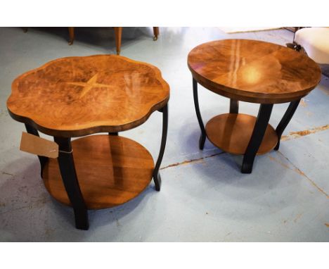 LAMP TABLES, two similar, English Art Deco style walnut with ebonised supports, both 61cm diam. x 51cm H. (2)