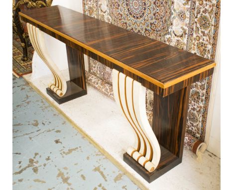 CONSOLE TABLE, mid 20th century macassar and vellum with a rectangular top on splayed and scrolled front supports, 187cm L x 