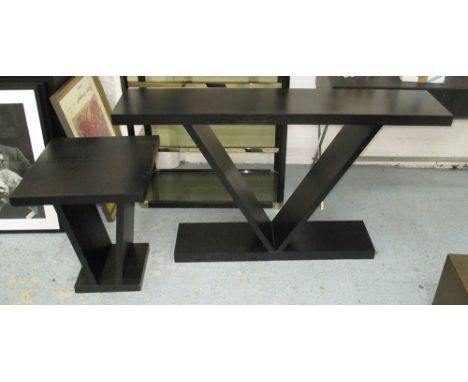 CONSOLE TABLE, black, 140cm L x 30cm D x 79cm H and lamp table to match, 50cm W x 50cm D x 62cm H. (2) (with faults)