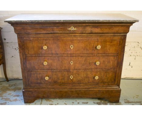 COMMODE, 19th century French Louis Philippe figured walnut with four long drawers and St Anne's variegated grey marble top, 1