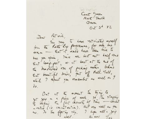 Hughes (Ted, poet and writer, 1930-98) Autograph Letter signed to Patrick Garland, 1p., sm. 4to, Court Green, North Tawton, D