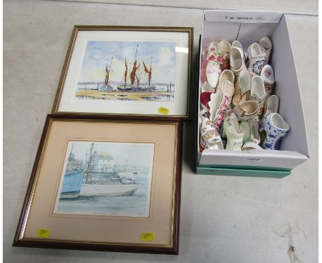 An assortment of ceramic collectors shoes, to include Princess Royale, Compton and Woodhouse, and others, and two boating pic