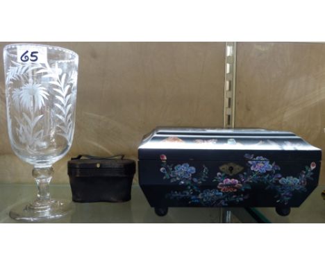 An etched celery vase together with a Japanese mother-of-pearl inlaid lacquered box and a cased pair of opera glasses (3)