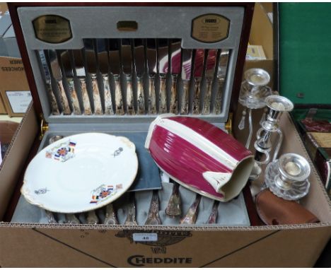 A Viners canteen of cutlery together with candelabra, commemorative plate, jug and camera