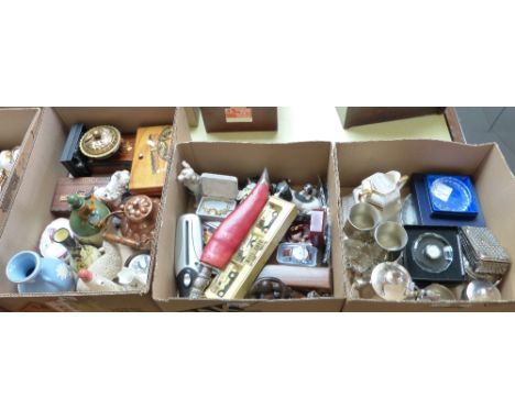 Three boxes of miscellaneous collectables, metalware, glassware, watches, a dagger, china, wooden boxes etc  (3)