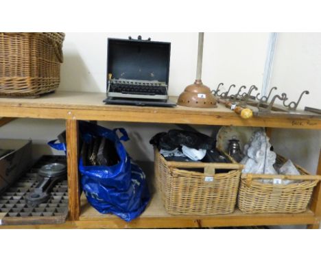Miscellaneous - Two wicker baskets containing corbels, Tilly lamp, jam pan, bowl, cameras, clock, barometer, hydrometer, tank