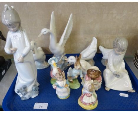 Four Nao swan figures together with a duck and two child figures and five Royal Albert Beatrix Potter figures