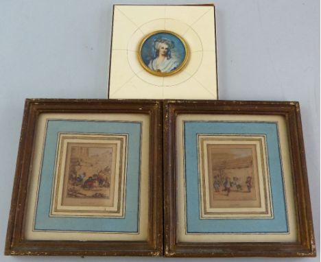 A pair of French hand coloured miniature prints of children playing, entitled "La corde" and "La possette", 5cm x 4cm, gilt f