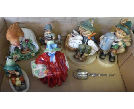 Four Hummel figures, a Royal Adderley robin and young group, Royal Doulton figurine "Linda" HN2106 and a silver anointing spo