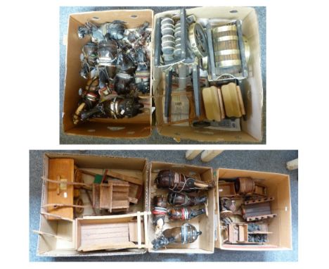 A large quantity of wooden model carts together with the ceramic shire horses to pull them (in five boxes)