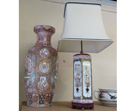 A Chinese floral decorated vase, 60cm tall, together with an oriental hexagonal porcelain twin light table lamp on wooden bas