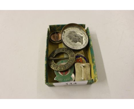 A RMS Queen Mary caddy spoon; various enamel badges etc.