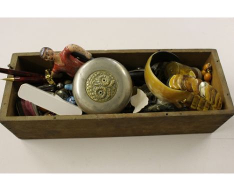 A box containing various fountain pens, costume jewellery, an antique enamel box, AF etc. 