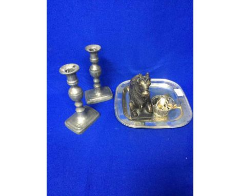 LOT OF MIXED COLLECTABLESincluding trench art items, sewing tray, owl decanter, candlesticks etc