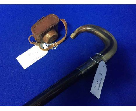 HORN HANDLED, SILVER MOUNTED, EBONISED WALKING STICKalong with a miniature camera