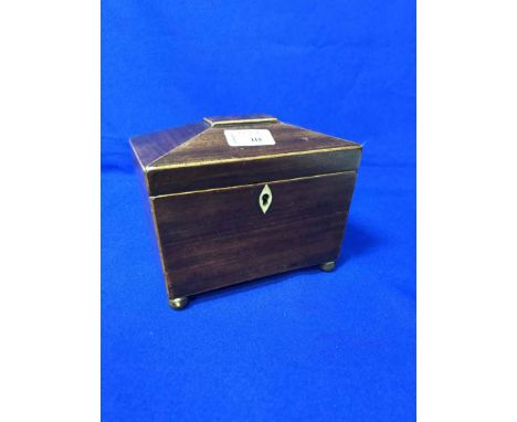 MAHOGANY SARCOPHAGUS SHAPED INLAID TEA CADDY AND A MAHOGANY CASED CLOCK