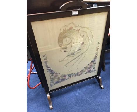 MAHOGANY FRAMED EMBROIDERED FIRESCREEN