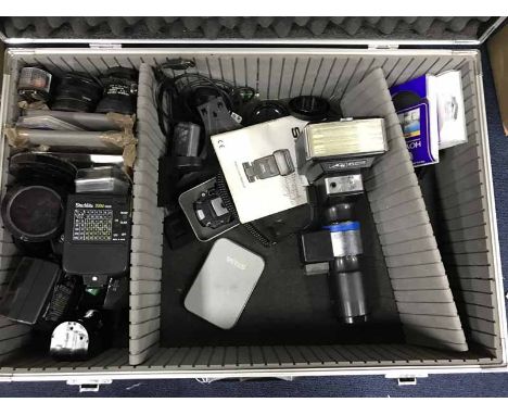 CASE OF PHOTOGRAPHIC ACCESSORIES including Hoya polarizing light filters, Metz 45 CT-5 hammerhead flash, light meters, lenses