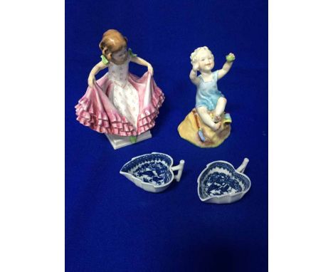 LOT OF DECORATIVE CERAMICSincluding two Royal Worcester figures, two Salopian blue & white leaf shaped pickle dishes etc