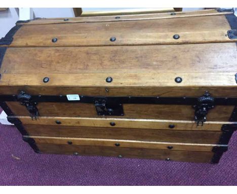 WOOD AND METAL BOUND TRAVEL TRUNK