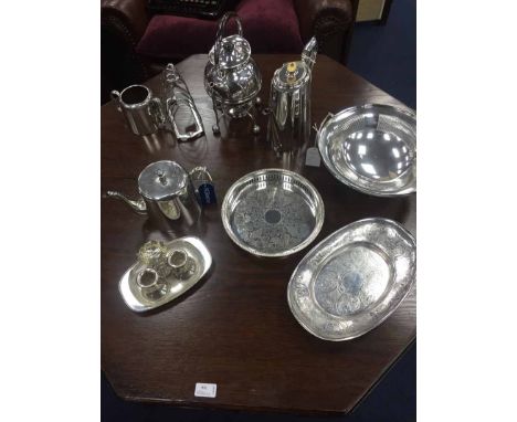 SILVER PLATE SPIRIT KETTLE ON STANDtogether with other plated wares including, toast rack, trays, candlesticks, basket etc