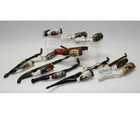 A collection of German porcelain pipes, mostly printed in polychrome, various subjects, portraits, hunting, etc