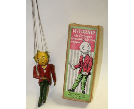 A mid 20th century Mr Turnip puppet toy, marked 'The Children's Favourite Television Puppet', boxed