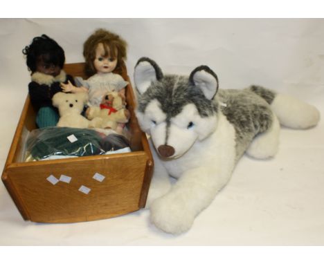 Toys and Juvenalia - a Steiff Husky plush toy; a 1960's Chiltern plastic baby doll; another, Pedigree; a wooden cradle