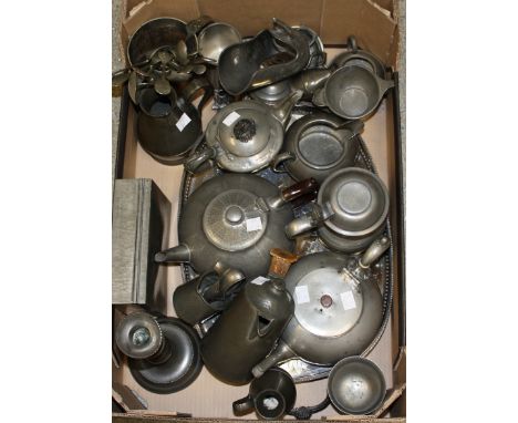 Metalware - 19th century and later pewter, including tea ware, tankard, mugs, candlestick, etc; a plated gallery tray; etc