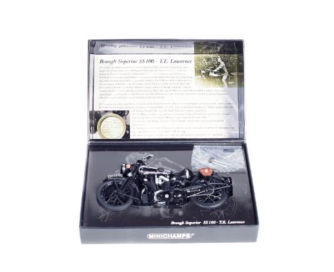 A Minichamps Classic Bike Series 1:12 scale Brough Superior SS100 motorcycle (T.E. Lawrence 1932). Boxed. Contents VGC-Mint. 