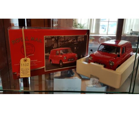 A hard to find limited run Sun Star 1/12th scale 1960 Morris Mini Van. An example in Royal Mail red livery, fully detailed mo