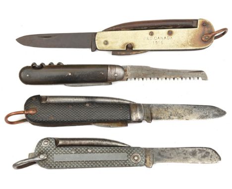 A WWI clasp knife,  marked “Thomas Turner &amp; Co Sheffield”, tin opener and spike, WM grips marked “M &amp; D Canada 1916”,