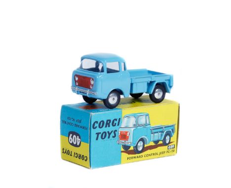 Corgi Toys Forward Control Jeep FC-150 (409). Example in light blue with smooth polished wheels and black rubber tyres. Boxed