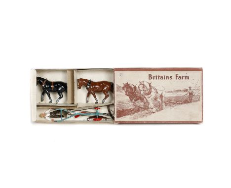 A Britains Ltd General Purpose Plough (6F). A set comprising of a plough in light blue with red wheels and blade, ploughman a