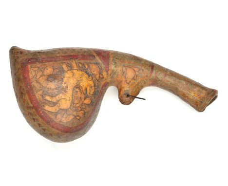 An Indo-Persian leather powder flask. Possibly 19th century, 24cms, of gourd form painted overall with geometric decoration a