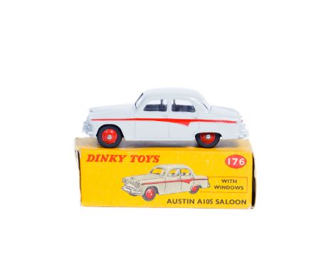 Dinky Toys Austin A105 Saloon (176). In light grey with red flash and wheels, with black treaded tyres. Boxed, some light wea