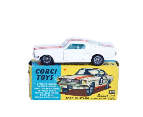 Corgi Toys Ford Mustang Fastback 2+2 Competition Model (325). In white with twin red racing stripes, light blue interior, fit