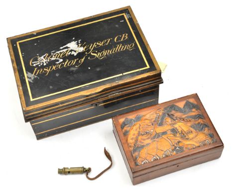 A Polish souvenir box, d 1940, the top deeply carved with a shepherd protecting his sheep from an eagle, in mountain scenery,
