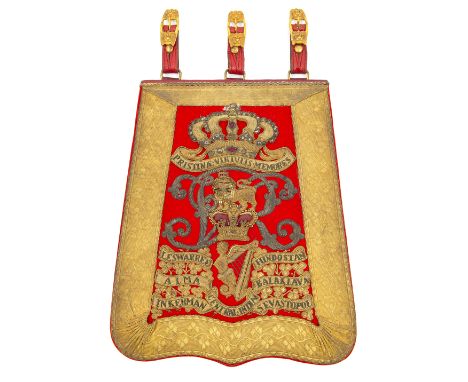 A good Vic officer’s full dress embroidered sabretache, c 1870, of the 8th (King’s Royal Irish) Hussars,  scarlet cloth with 
