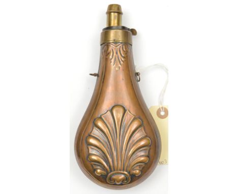 A copper powder flask “Shell &amp; Bush” (Riling 381), common brass top, 4 position graduated nozzle (slightly AF), 8½” overa