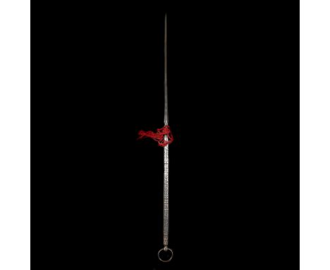 An Indian all iron javelin, probably 18th or 19th century. 108cms overall, long tapered head, short haft chiselled overall wi