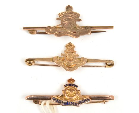 3 R Artillery 9ct gold sweetheart tie pins:  plain engraved, enamelled and engraved Territorial with laurel scroll. GC to VGC