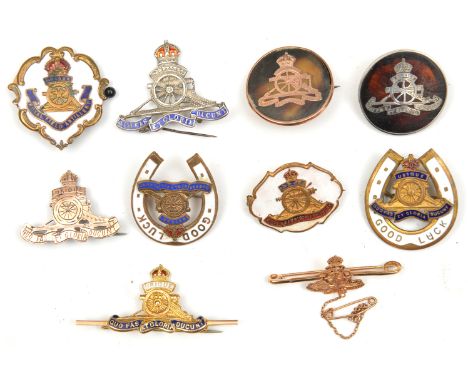 10 various R Artillery sweetheart badges,  including .375 gold on tortoiseshell roundel, HM silver roundel, gold coloured tie