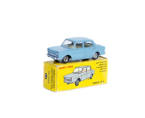 A French Dinky Toys Simca 1000 (519). In light blueish grey with cream interior, dished spun wheels with black rubber tyres. 